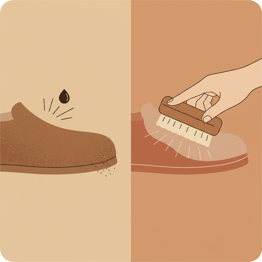 A modern, clean flat illustration depicting the transformation and protection of a suede item. One section shows a stylized brown suede shoe or bag surface with a small, abstract dirt speck or water droplet being repelled or easily brushed away, symbolizing effective waterproofing and easy cleaning. Another section shows a gentle hand, holding a suede brush, delicately restoring the nap of the suede surface, making it look vibrant and fresh. The overall color palette should be earthy and warm, emphasizing the material's natural beauty and the positive outcome of proper care.
