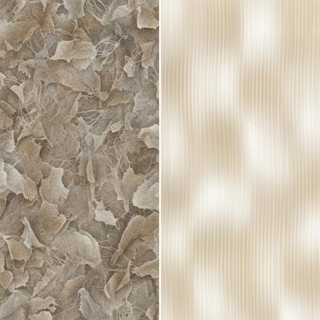 A close-up, macro-level flat illustration comparing two delicate fabric textures. On the left side, a section of wool or silk fabric shows visibly damaged, frayed, and slightly matted fibers, suggesting aggressive rubbing or harsh treatment. On the right side, an identical fabric section appears pristine, smooth, and lustrous, symbolizing gentle care. The illustration uses soft gradients and highlights the intricate, undamaged structure of the protein fibers versus the distorted, damaged fibers.