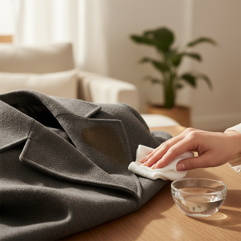 A professional, soft-focus lifestyle photograph of a luxurious, elegantly draped wool coat (e.g., camel or charcoal grey) with a visible, realistic coffee stain on one section. In the foreground, a gentle hand, poised and careful, is dabbing the stain with a white, soft cloth, next to a small, clear glass bowl containing a mild, translucent cleaning liquid. The scene conveys meticulous care and the process of gentle stain removal. The background is softly blurred, hinting at a clean, well-lit home environment, emphasizing the value and beauty of the coat.