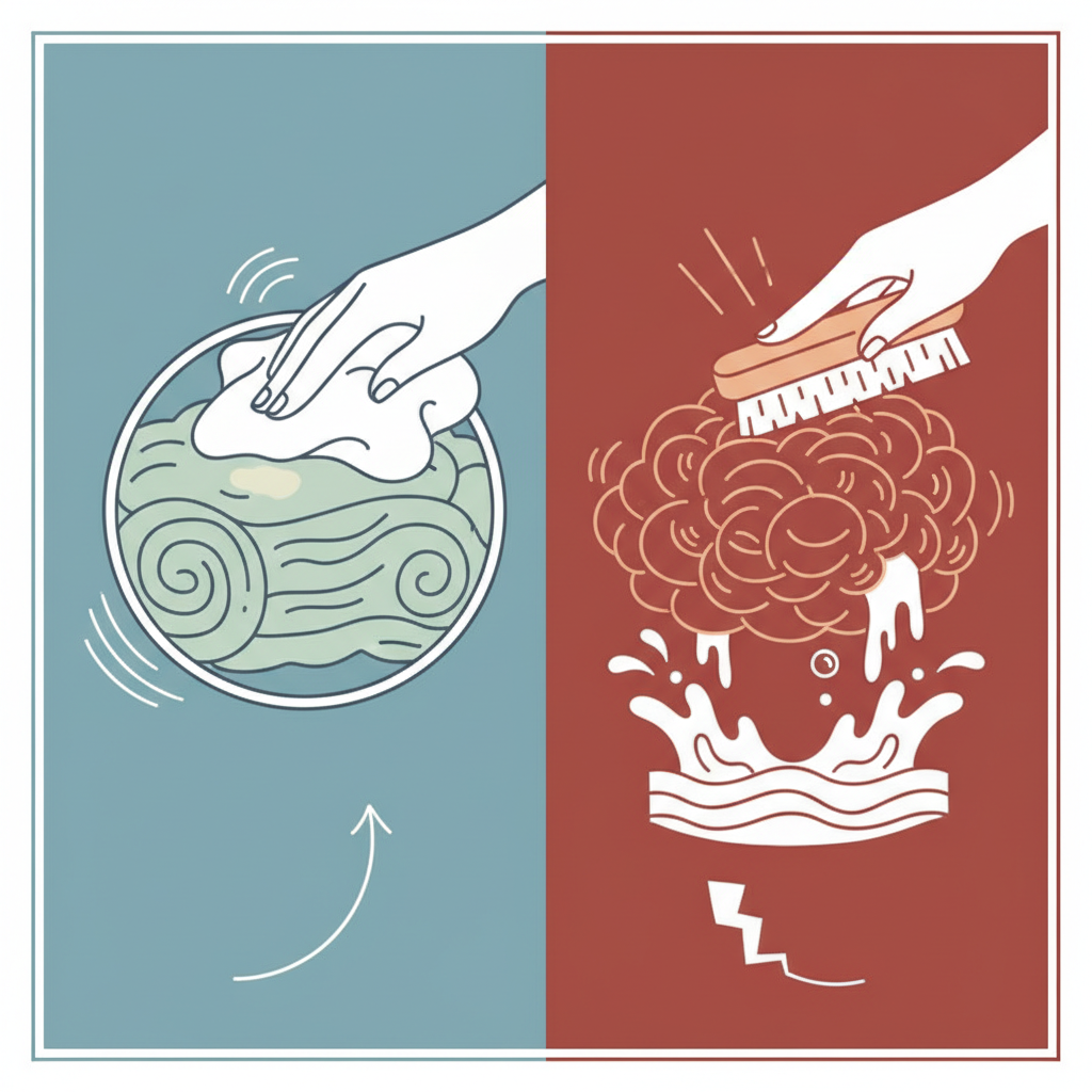 A clear, illustrative infographic-style drawing depicting the 'correct vs. incorrect' treatment for wool. On one side, a magnified section of healthy, soft wool fibers is shown, with a delicate hand gently dabbing a small, light stain with a soft cloth. This side emanates a calm, gentle aura, perhaps with a cool color palette. On the other side, the same wool fibers appear matted, damaged, or shrunken, with a visual symbol implicitly marking an aggressive action like vigorous scrubbing with a harsh brush or a splash of hot water. The overall composition highlights the fragile nature of wool and the importance of gentle techniques.
