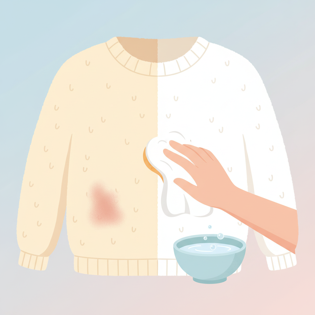 A clean and bright flat illustration depicting the concept of gentle stain removal for wool. On one side, a stylized section of a cozy wool sweater displays a faint, non-specific stain (e.g., a reddish-brown mark or a small smudge). On the other side, the same section of the sweater appears perfectly clean and pristine, emphasizing the successful removal. In between or around, simple, symbolic tools like a soft white cloth, a small bowl of clear liquid, and a gentle-looking sponge are arranged, suggesting the careful application of remedies. The color palette is soft pastels, highlighting the wool's texture and the transformative cleaning process.