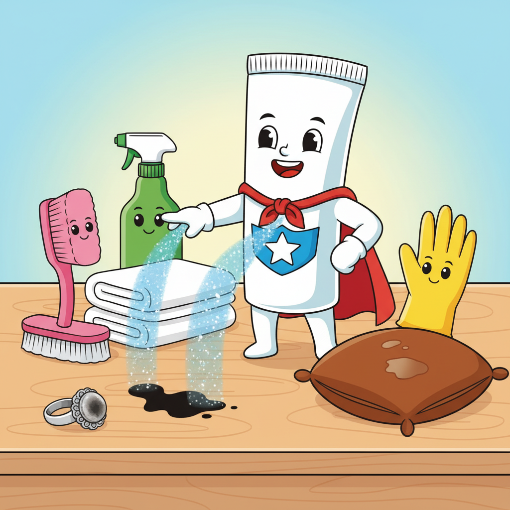 A vibrant flat illustration depicting a classic white toothpaste tube as a superhero or helpful character, standing amidst various common household items. The toothpaste is actively 'cleaning' different stains: a dark ink splat on a light wooden table, a dull tarnish spot on a silver ring, and a small smudge on a brown leather cushion. Subtle visual cues like faint sparkly trails emanate from the toothpaste to the disappearing stains, symbolizing its effectiveness. The overall scene should convey versatility and surprising cleaning power, with a clean, friendly aesthetic and bright, inviting colors, suitable for a blog article.