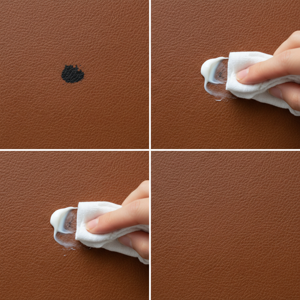 A clean, detailed series of four square panels or a sequential infographic-style illustration showcasing the process of removing a stain from a brown leather surface. Panel 1: A close-up of a smooth brown leather surface with a distinct, small, dark stain, such as an ink mark. Panel 2: A small blob of white, non-gel toothpaste is gently applied to the stain using a soft, light-colored cloth or cotton swab. Panel 3: The cloth/swab is shown performing gentle, circular rubbing motions over the toothpaste and stain. Panel 4: The leather surface is now clean, with the stain completely removed, appearing pristine and dry. Emphasize realistic leather texture and clear, distinct actions for each step.