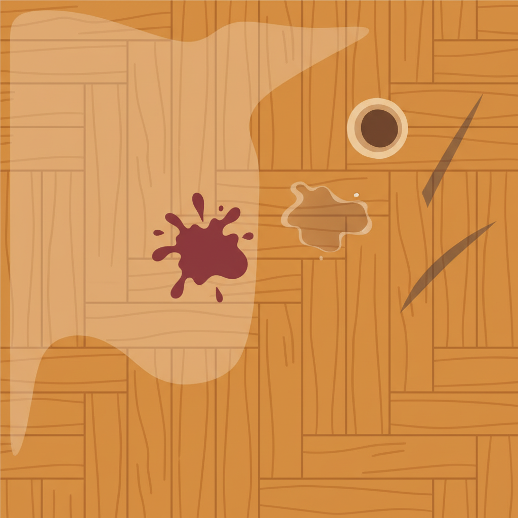 A clean, modern flat illustration showing a close-up section of a warm, polished parquet floor. On one side, the floor is pristine and gleaming. Transitioning across, various distinct, small, stylized stains are subtly depicted on different planks: a small red wine splash, a coffee ring, a greasy smudge, and a faint dark scuff mark. The illustration should visually represent common types of stains without explicitly showing a 'before' and 'after' divider, implying the problem of various blemishes on a beautiful floor.