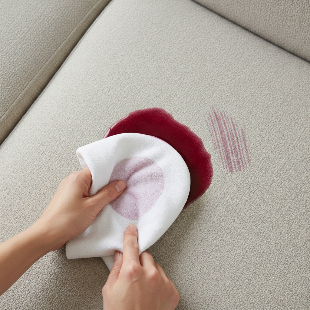 A realistic, close-up professional photo from an elevated angle, showcasing a fresh red wine spill on a light-colored upholstered sofa. A person's hands are gently dabbing the liquid with a clean, white absorbent cloth, demonstrating the correct blotting technique without rubbing. The wine stain is contained, with the cloth effectively absorbing the liquid, and a separate, smaller stain area might show a slight smudge, implicitly illustrating the negative effect of rubbing. The focus is on the action of careful absorption, highlighting immediate and gentle intervention to prevent the stain from spreading or setting deeper into the fabric.