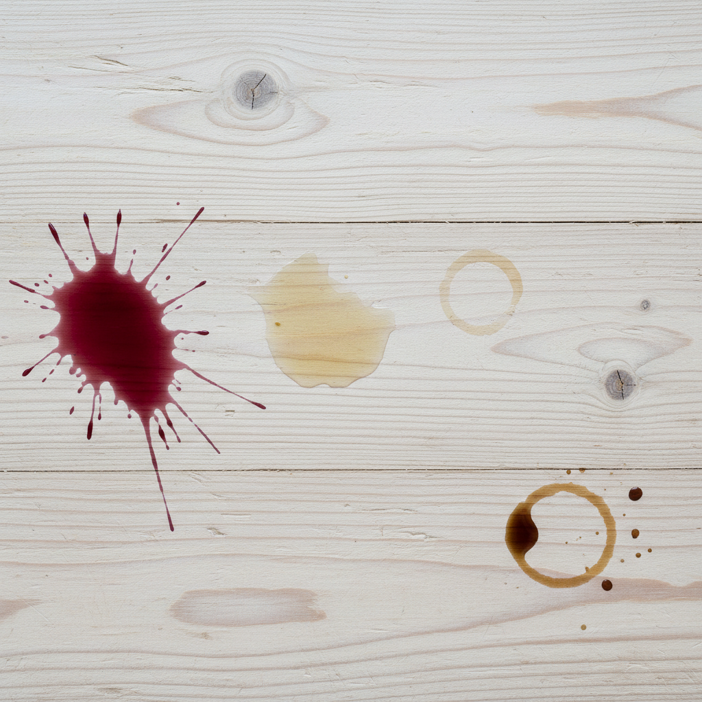 A close-up professional photo of a light-colored, untreated wooden surface, possibly a tabletop or floorboard. The image should distinctly feature several common stains spread across the natural wood grain. Visible stains include a deep red wine splash, a translucent greasy oil mark, a subtle circular water ring, and a small dark coffee spill. The wood's texture and natural patterns should be clearly discernible, highlighting both its inherent beauty and its susceptibility to blemishes. The composition should be clean and crisp, emphasizing the contrast between the pristine wood and the various imperfections, suitable for a blog header.