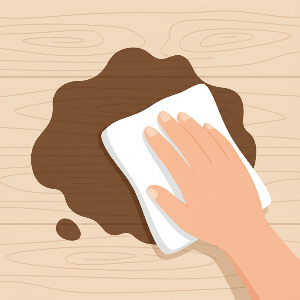 A vibrant, clean flat illustration depicting a close-up of an untreated wooden surface, such as a rustic tabletop or cutting board. A prominent dark stain, like a coffee spill, is clearly visible on one section. A human hand, rendered simply and gently, is shown carefully dabbing the edge of this stain with a soft, clean white cloth. The part of the wood surface directly beneath and slightly behind the cloth should appear significantly cleaner and lighter, suggesting the process of stain removal in progress and the restoration of the wood. The overall aesthetic should be bright and convey effective, gentle care, perfect for a step-by-step guide.