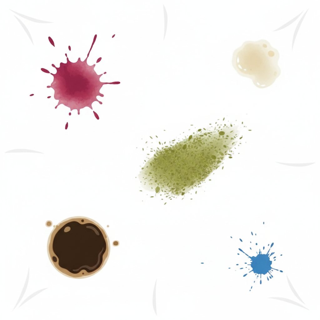 A clean, modern flat illustration showing a pristine white fabric surface, perhaps a tablecloth or a piece of clothing, artfully dotted with distinct, common household stains. Clearly depict a splash of red wine, a ring of coffee, a smear of green grass, a translucent grease spot, and a small blue ink mark. Each stain should be visually identifiable by its color and texture, contrasting sharply with the bright white background. The overall impression should be one of visual categorization, highlighting the diversity of common laundry challenges on white textiles.