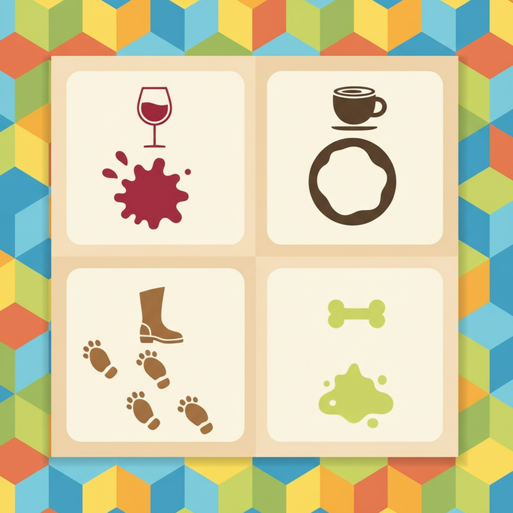 A stylized flat illustration in a clean, modern aesthetic depicting a segmented carpet surface. Each segment features a distinct type of common carpet stain: a splash of red wine, a coffee ring, muddy footprints, and a pet urine mark. Above or beside each stain, a simple, abstract icon visually hints at the nature of the stain (e.g., a wine glass silhouette for red wine, a coffee cup for coffee). The overall composition suggests the idea of identifying different stain types for appropriate treatment, without explicitly showing cleaning tools. The color palette should be bright and inviting.