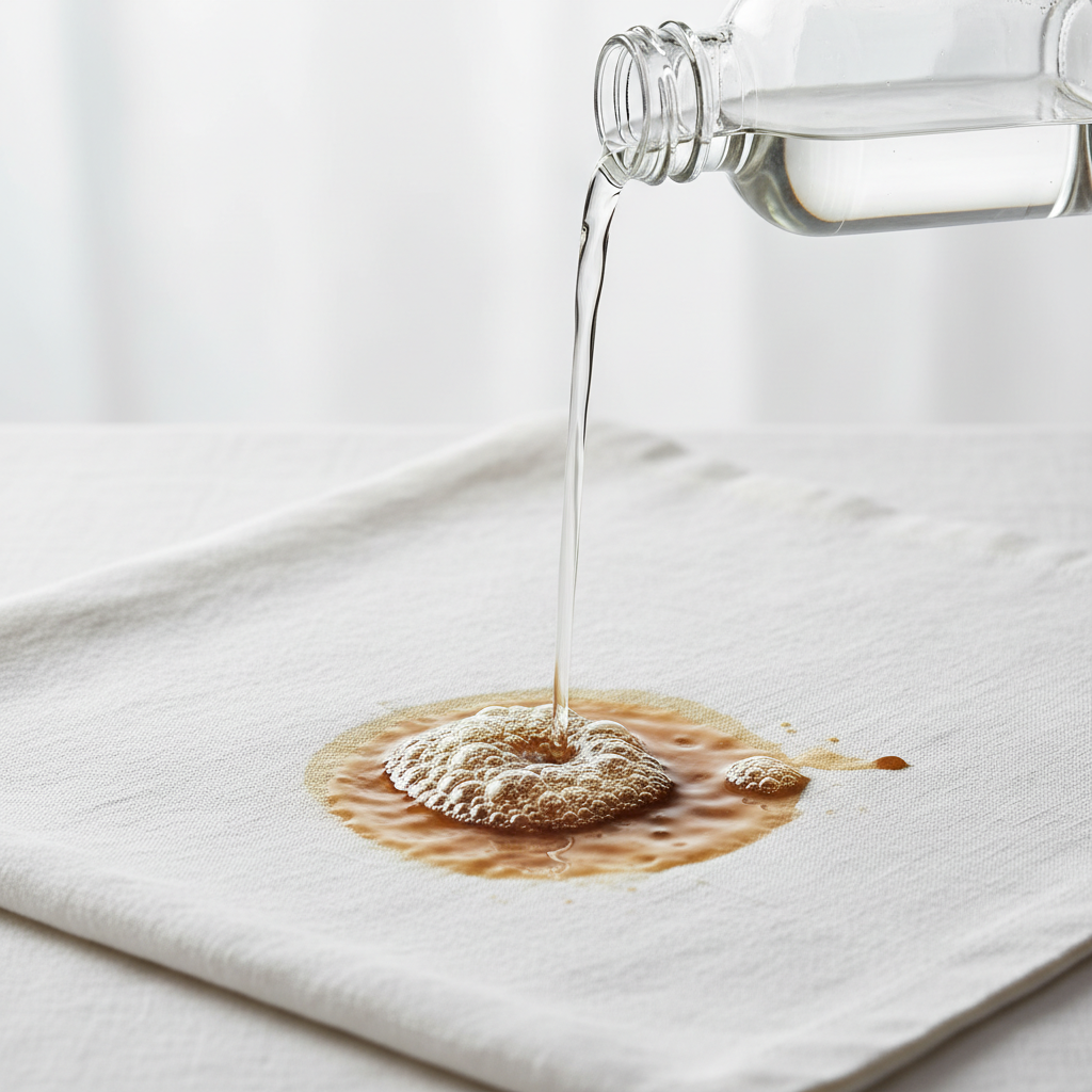 A vibrant, bright professional studio photo capturing a dynamic cleaning action. A stream of clear liquid, representing household vinegar, is being poured from a generic, minimalist glass bottle onto a prominent, fresh coffee stain on a textured white linen tablecloth. The liquid splashes gently, and around the point of contact, the stain visually begins to break apart or dissolve, with subtle effervescent bubbles or a softening effect indicating its acidic action. The background is clean and slightly out of focus, emphasizing the cleaning process and the transformative effect on the stain.