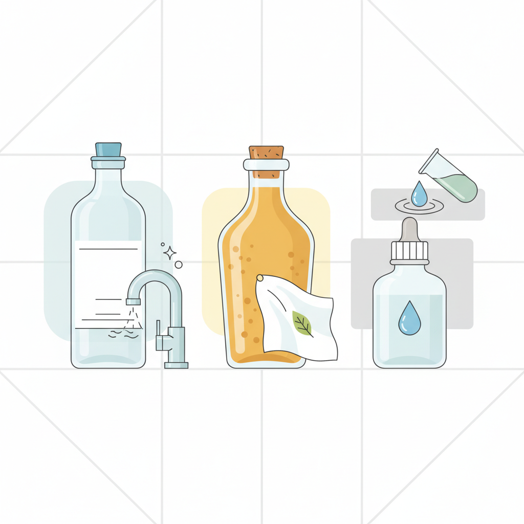 A clean, modern flat illustration showcasing different types of vinegar for cleaning. Three distinct, stylized bottles are arranged: a clear, tall bottle with a simple design (representing household vinegar), an amber-colored bottle with a slightly more rustic look (for apple cider vinegar), and a smaller, plain clear bottle (for concentrated vinegar essence). Each bottle is subtly associated with a mini cleaning scenario: the first vinegar next to a detail of a sparkling, de-calcified kitchen faucet; the second near a delicate, pristine fabric swatch; and the third near a small, generic surface being diluted by a droplet of water from another source, emphasizing its potency. The overall composition is balanced and informative.