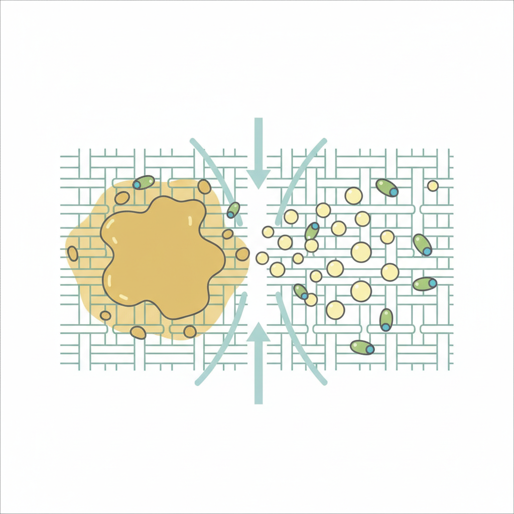 A clean, minimalist infographic-style illustration depicting the microscopic action of gall soap on a fabric stain. The left side shows a section of woven fabric with a large, irregular 'grease' or 'protein' globule embedded in the fibers. On the right, the globule is visibly broken down into many smaller, spherical particles, surrounded by simplified representations of gall soap molecules (e.g., small, uniform shapes). Arrows indicate the process of dissolution and emulsification, with an overall sense of cleanliness emerging. The color palette should be fresh and clean, using shades of blue, green, and white to convey eco-friendliness and efficacy.
