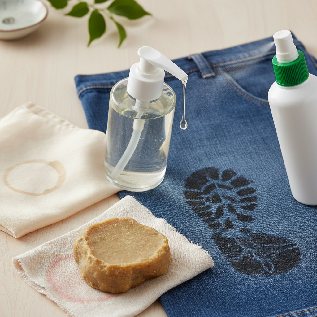 A professional, brightly lit top-down photo composition featuring various forms of gall soap. In the foreground, a rustic, natural-looking bar of gall soap rests on a small, textured fabric swatch with a faint stain. Beside it, a clear bottle of liquid gall soap drips a drop onto a delicate silk scarf, and a spray bottle mists a fine layer onto a sturdy denim patch with a visible mark. The background is clean and neutral, suggesting a home environment. The scene emphasizes ease of use and the diverse applications of the product across different textiles, conveying effectiveness and natural cleaning power.