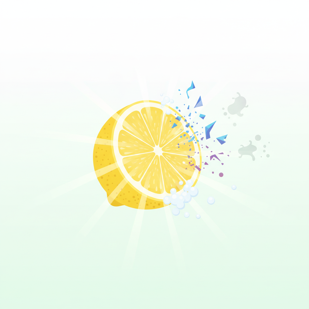 A bright, crisp flat illustration depicting a halved lemon at the center, radiating a clean, fresh energy. Surrounding the lemon, abstract visual elements subtly illustrate its key cleaning properties: gentle streaks of light for its bleaching effect, stylized breaking chemical bonds or dissolving particles for its acidic power, subtle suds or dispersed droplets for its fat-dissolving action, and faint, disappearing microbial shapes for its disinfecting quality. The background is a soft, clean white or light green, emphasizing purity and natural effectiveness, perfect for a blog article header.