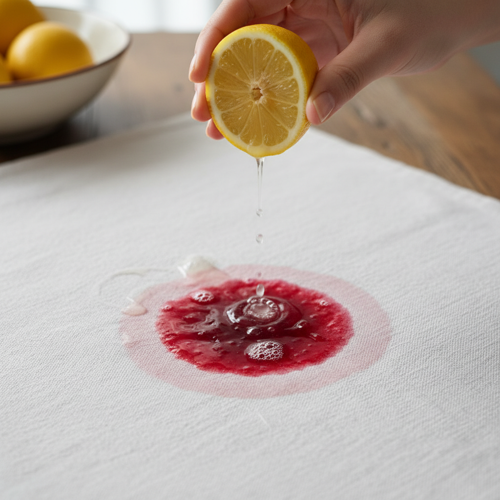 A detailed, professional-style photograph capturing the process of natural stain removal on a light-colored textile, such as a white cotton tablecloth. A noticeable, fresh organic stain (e.g., a bright red berry stain or a brown coffee spill) is visible on the fabric. A hand carefully applies drops of freshly squeezed lemon juice directly onto the stain from a cut lemon half. The visual emphasis is on the interaction: where the lemon juice touches, the stain subtly appears to be actively dissolving or lightening, demonstrating the immediate natural cleaning action in a clear, compelling manner.