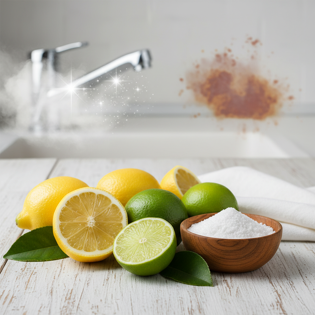 A vibrant still-life photograph featuring fresh, halved lemons and whole limes alongside a small wooden bowl filled with white crystalline citric acid powder. In the background, blurred elements suggest common household stains being dissolved or removed, such as a sparkling chrome faucet emerging from a misty 'before' state, or a clean white fabric next to a subtle rust-colored smudge fading away. The lighting is bright and natural, emphasizing freshness and cleanliness. Professional photo, clean and inviting atmosphere, highlighting natural origin and effectiveness.