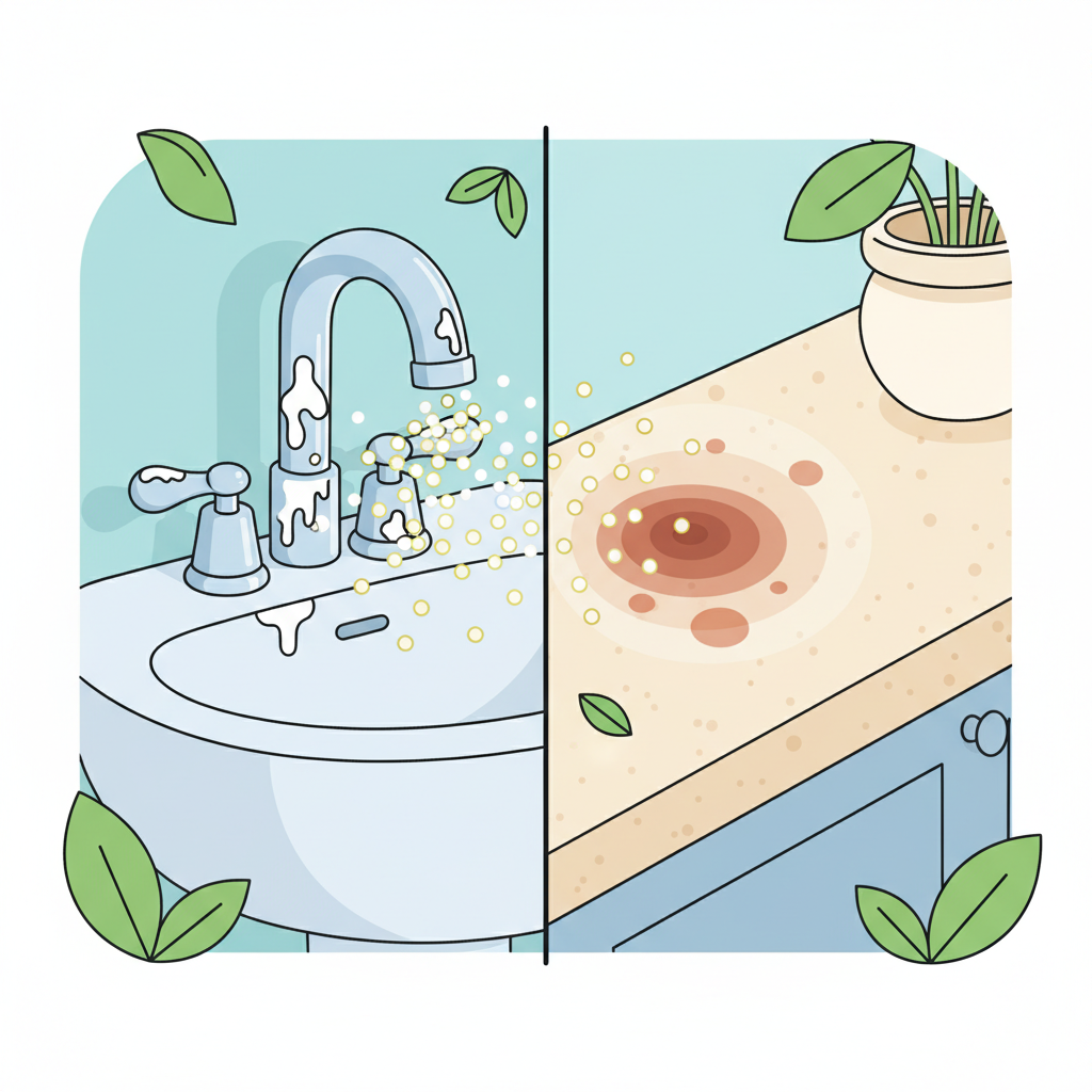 A stylized flat illustration depicting a modern household environment, split to show a bathroom sink area and a kitchen countertop. In the bathroom section, a chrome faucet is being cleaned of visible lime scale by abstract 'citric acid' particles, represented by tiny, clean yellow or white spheres. In the kitchen section, a subtle, reddish rust stain on a light-colored surface is visibly diminishing. The overall scene emphasizes an eco-friendly approach, with subtle green leaf motifs interspersed. The style is clean, minimalistic, and conveys gentle yet powerful cleaning action. Flat illustration, infographic style, bright and inviting colors.