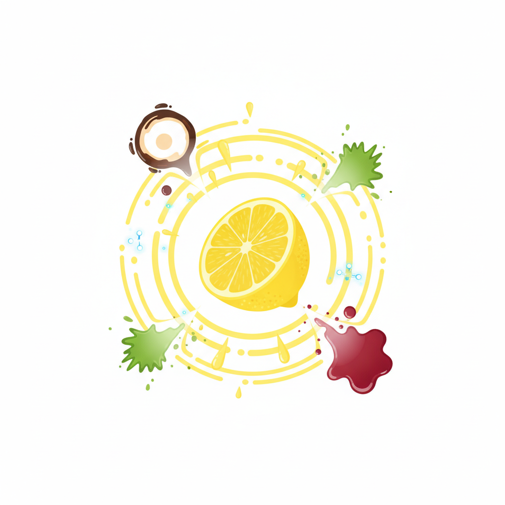 A vibrant, close-up flat illustration depicting the powerful cleaning action of lemon juice. A halved yellow lemon is positioned centrally, with stylized droplets of juice radiating outwards. These droplets are symbolically interacting with various small, colorful abstract stain shapes (e.g., a coffee ring, a grass smudge, a wine spill) on a pristine white surface, causing them to dissolve or lighten. Microscopic or molecular symbols (like tiny broken bonds or neutralizing particles) subtly emanate from the lemon juice, conveying its scientific effectiveness. The overall mood is fresh, clean, and natural, highlighting eco-friendliness.