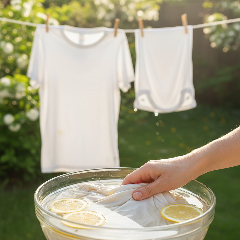 A bright, clean professional photo showing the process of refreshing yellowed white laundry using lemon juice. In the foreground, a glass bowl or sink contains white fabric (e.g., a shirt or a towel) partially submerged in water with sliced lemons floating in it. A hand could be gently submerging the fabric. In the background, a freshly washed, sparkling white version of the same fabric is neatly folded or hanging to dry in soft sunlight, perhaps on a clothesline. The scene should evoke a sense of natural cleaning, freshness, and effective results, with soft, natural lighting.