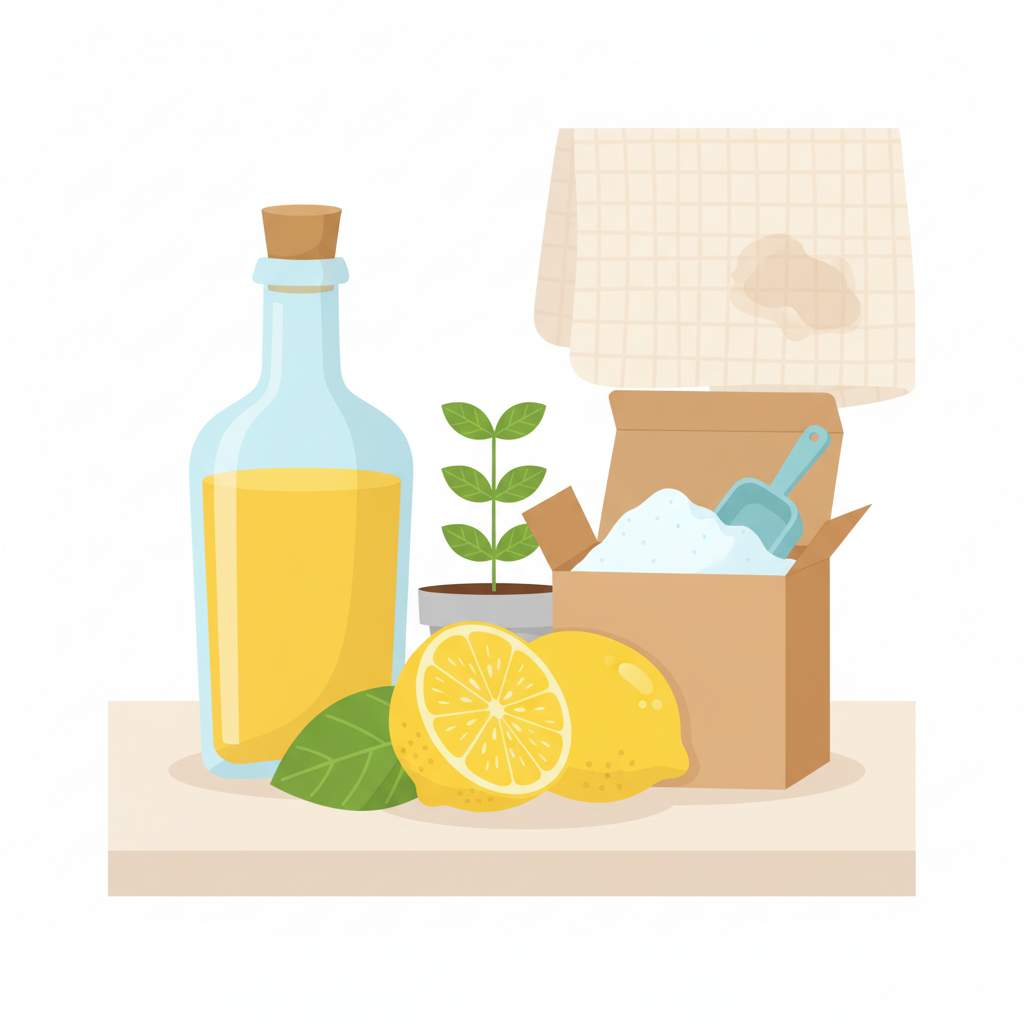 A vibrant, clean flat illustration depicting a collection of natural household cleaning essentials arranged neatly on a light kitchen countertop. Prominently feature a fresh lemon cut in half, a glass bottle of vinegar, an open box of baking soda, and a small, delicate green plant or a leaf, symbolizing nature. The overall composition should evoke freshness, efficacy, and environmental friendliness. A subtle, out-of-focus background element could hint at a slightly stained fabric or a dirty surface, implying the purpose of these natural remedies. The style should be modern and approachable with soft shadows.