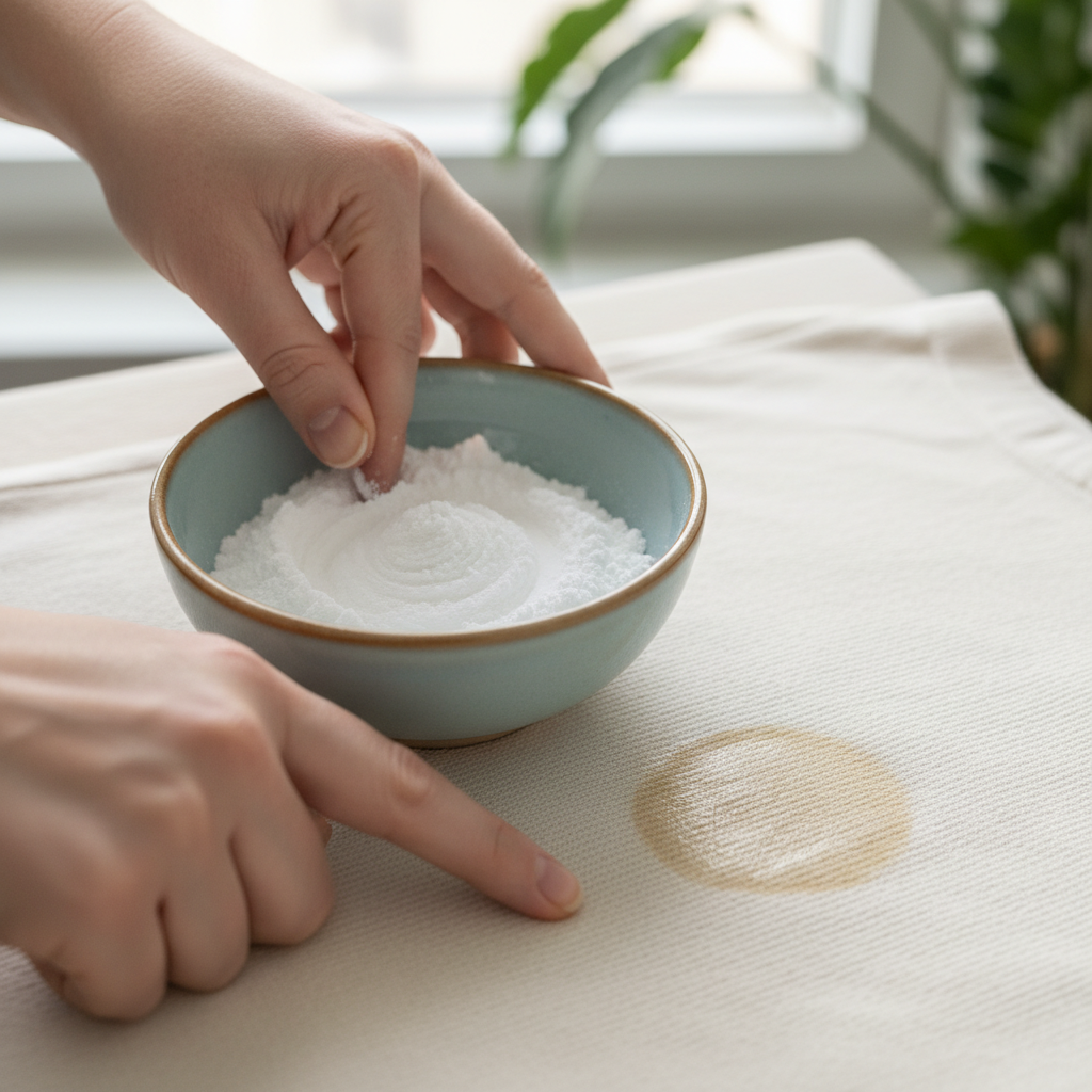 A professional close-up photo showing hands gently mixing a homemade paste of baking soda and a few drops of water in a small ceramic bowl, ready for application. Next to the bowl, a small, visible grease stain is present on a piece of light-colored fabric, such as a white t-shirt or a sofa cushion. The scene should convey a sense of gentle, effective action. The focus should be sharp on the hands, the paste, and the stained fabric, with a softly blurred background to emphasize the process of natural stain removal without harsh chemicals.