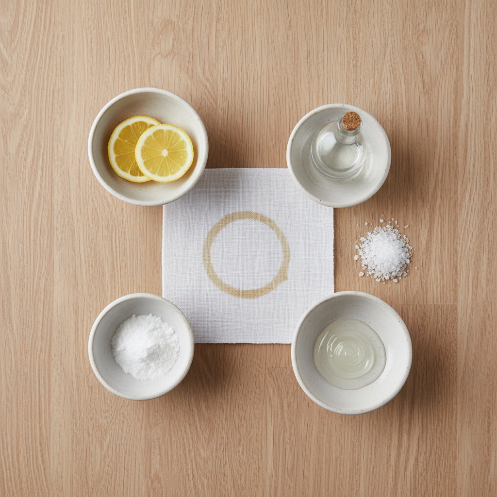 A clean, bright flat lay photo from directly above. In the center, a white linen fabric swatch with a faint, light brown coffee stain. Surrounding the swatch are small, aesthetic ceramic bowls holding natural stain removal ingredients: sliced lemon, white vinegar in a clear small bottle, baking soda powder, coarse salt, and a dollop of clear dish soap. The background is a soft, light wooden surface, creating a fresh and natural atmosphere. The focus is on the simplicity and availability of these common household items.