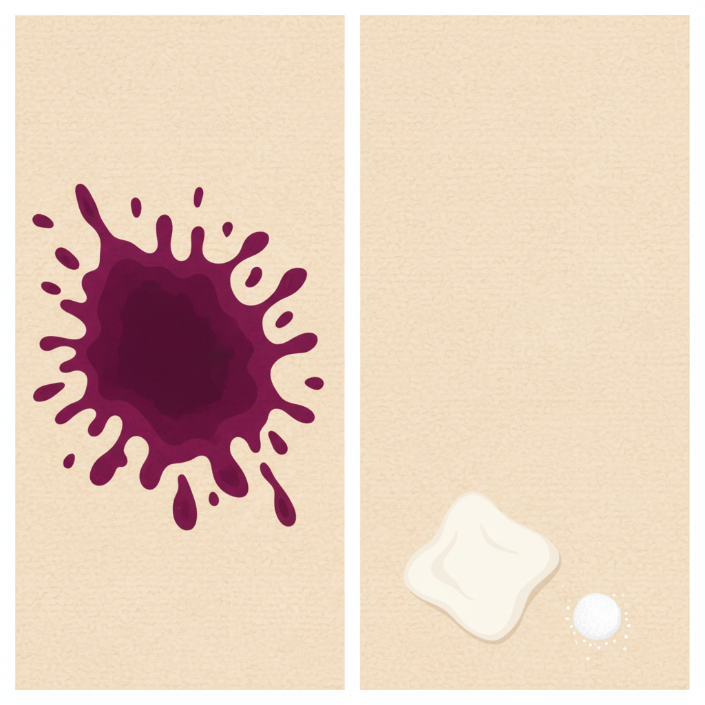 A vivid, two-panel illustration in a clean, infographic style. The left panel shows a severe red wine spill creating a deep purple stain on a light beige carpet. The right panel displays the exact same carpet section, now pristine and completely stain-free. Next to the clean area, a small, white, fluffy cloth is seen next to a tiny amount of salt, suggesting the successful application of a simple household remedy. The overall impression is one of effective, effortless cleaning using natural methods.