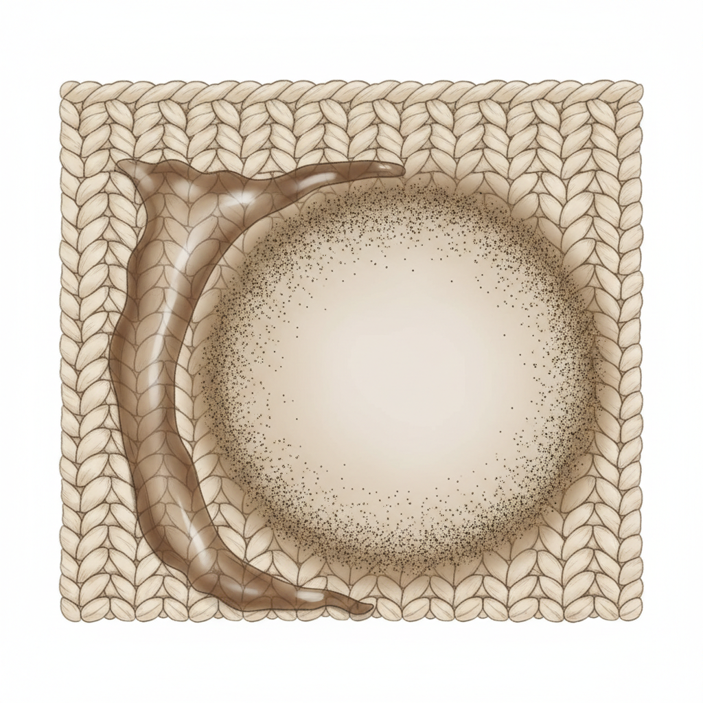 A clear, detailed scientific illustration showing a close-up cross-section of fabric fibers. A brown liquid stain is depicted, initially absorbed into the fibers. A subsequent stage shows the liquid evaporating, with tiny dark particles concentrating at the outer edge of the original wet area, forming a distinct, darker ring on the fabric. The surrounding fibers are pristine. The overall impression is clean, educational, and highlights the mechanism of ring formation visually. Use subtle shading to indicate depth and moisture levels.