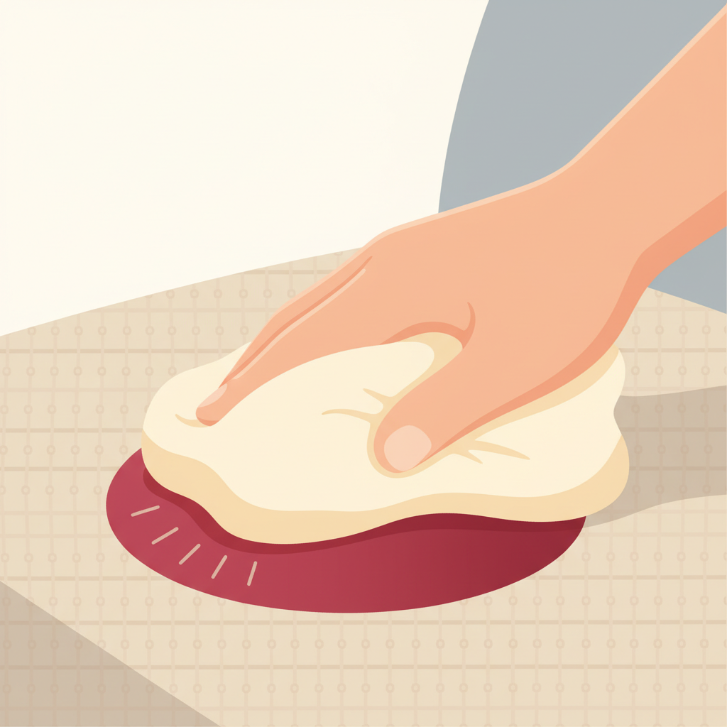 A vibrant, modern flat illustration depicting a gentle human hand holding a clean, light-colored cloth or sponge. The hand is carefully blotting a fresh, circular red wine stain on a light-beige fabric surface, like a couch cushion or tablecloth. The blotting motion should subtly suggest working from the outer edge inwards, preventing the stain from spreading. The overall scene conveys a sense of care, precision, and effective stain removal technique. The colors are clean and bright, emphasizing the clean cloth and targeted action.