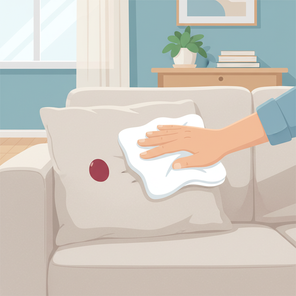 A bright, clean flat illustration set in a modern home environment, like a kitchen or living room. The scene captures the exact moment a small, fresh stain, such as a drop of red wine or coffee, has landed on a piece of fabric, perhaps a light-colored shirt or a sofa cushion. A hand, clearly indicating swiftness, is already moving towards the stain with a simple cleaning cloth or sponge, ready to act instantly. The composition should convey urgency and readiness, highlighting the 'quick action' principle of stain removal. Use a soft, inviting color palette with good contrast to make the stain and the cleaning action stand out.