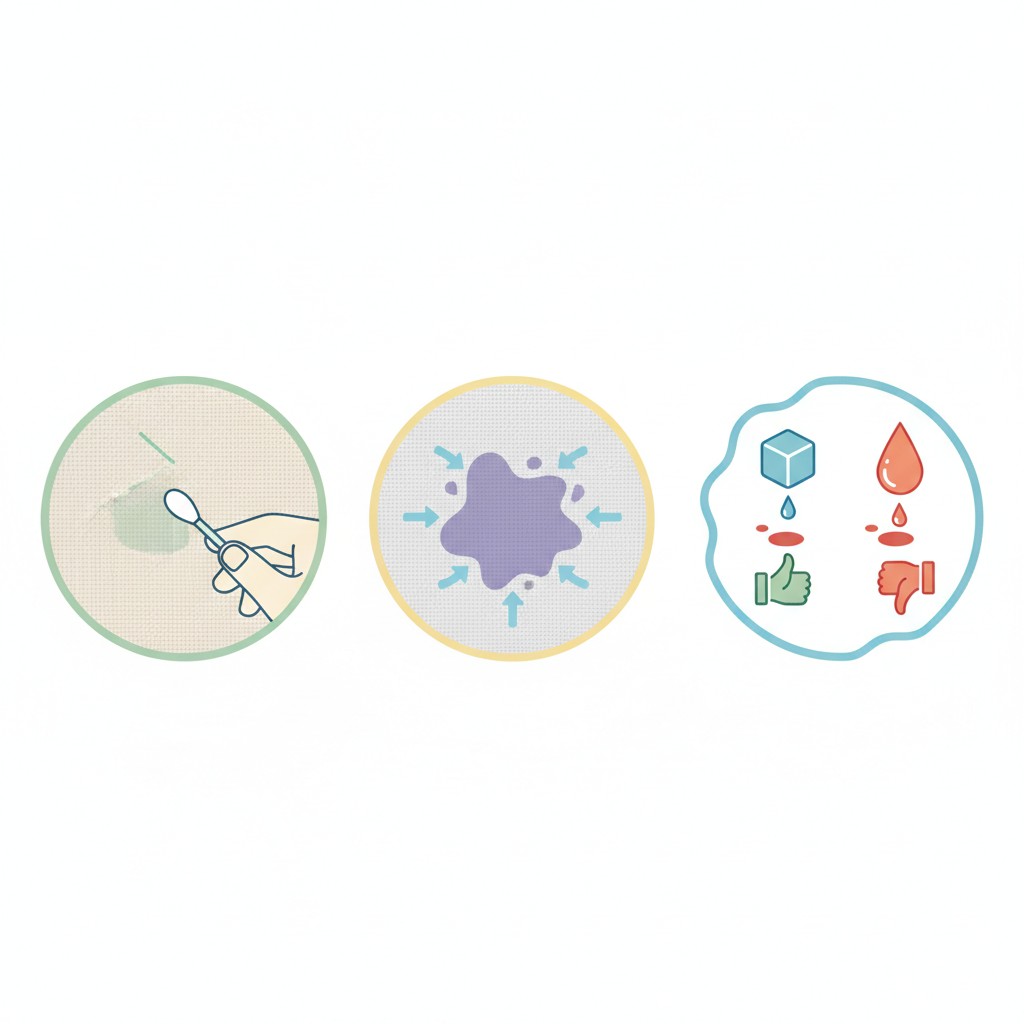 A clean, infographic-style illustration depicting three fundamental principles of stain removal. The first segment shows a close-up of a fabric, with a small, almost hidden corner being gently dabbed, symbolizing material compatibility testing. The second segment features a distinct stain on a textile, with subtle arrows indicating a cleaning motion from the outer edges inward towards the center, preventing spread. The third segment contrasts cold water (represented by a stylized ice cube or droplet) being applied to a stain, with a visual suggestion that hot water is to be avoided for certain types. Use a simple, clear visual language and a fresh color scheme.