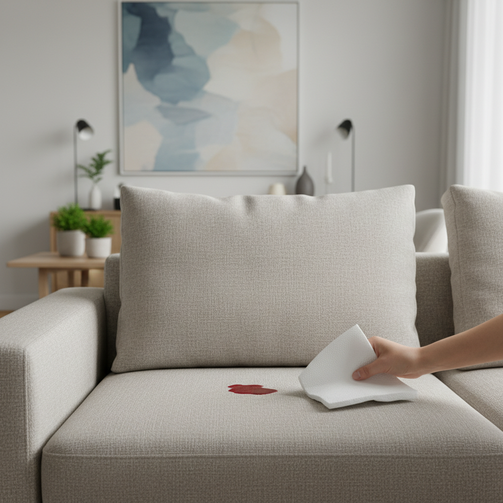 A bright, professional photo of a modern, inviting living room. The focal point is a comfortable, light-colored fabric sofa. On one of the sofa cushions, a small, fresh red wine spill is visible. A hand, reaching from off-frame, is about to gently blot the spill with a clean, white cloth or paper towel. The scene conveys immediate, calm action and a sense of cleanliness being restored. The background is softly blurred to keep focus on the sofa and the action.