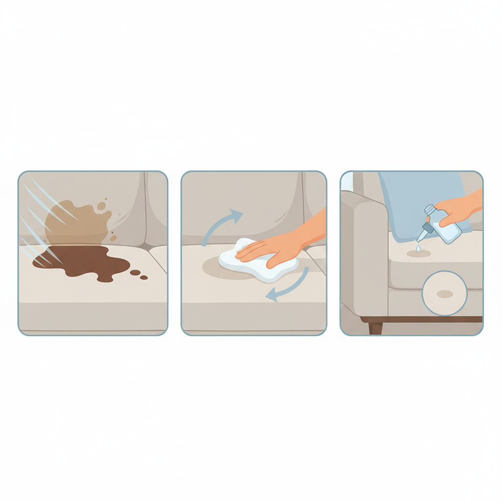 A clean, modern flat illustration presented as a multi-panel diagram. The first panel shows a fresh coffee stain on a sofa cushion, with a subtle visual cue for speed like a light 'whoosh' effect around it. The second panel depicts a hand dabbing a small spill with a white cloth, with light circular arrows showing motion from the outside inwards. The third panel illustrates a person carefully testing a small amount of clear liquid on an inconspicuous part of the sofa fabric. The overall style should be infographic-like and instructional.