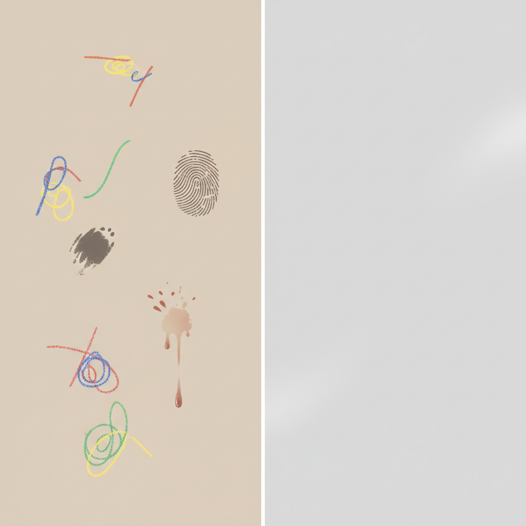 A vibrant flat illustration depicting a common household wall, cleanly divided into two contrasting sections. The left side showcases a beige or light grey wall marred by various typical stains: a playful, colorful crayon scribble, a dark, distinct fingerprint smudge, and a subtle splash mark from liquid food. The right side of the wall is immaculately clean and pristine, with a subtle shimmer, suggesting successful stain removal. The focus is on the visual contrast between a stained and a spotless wall. Soft, inviting color palette.