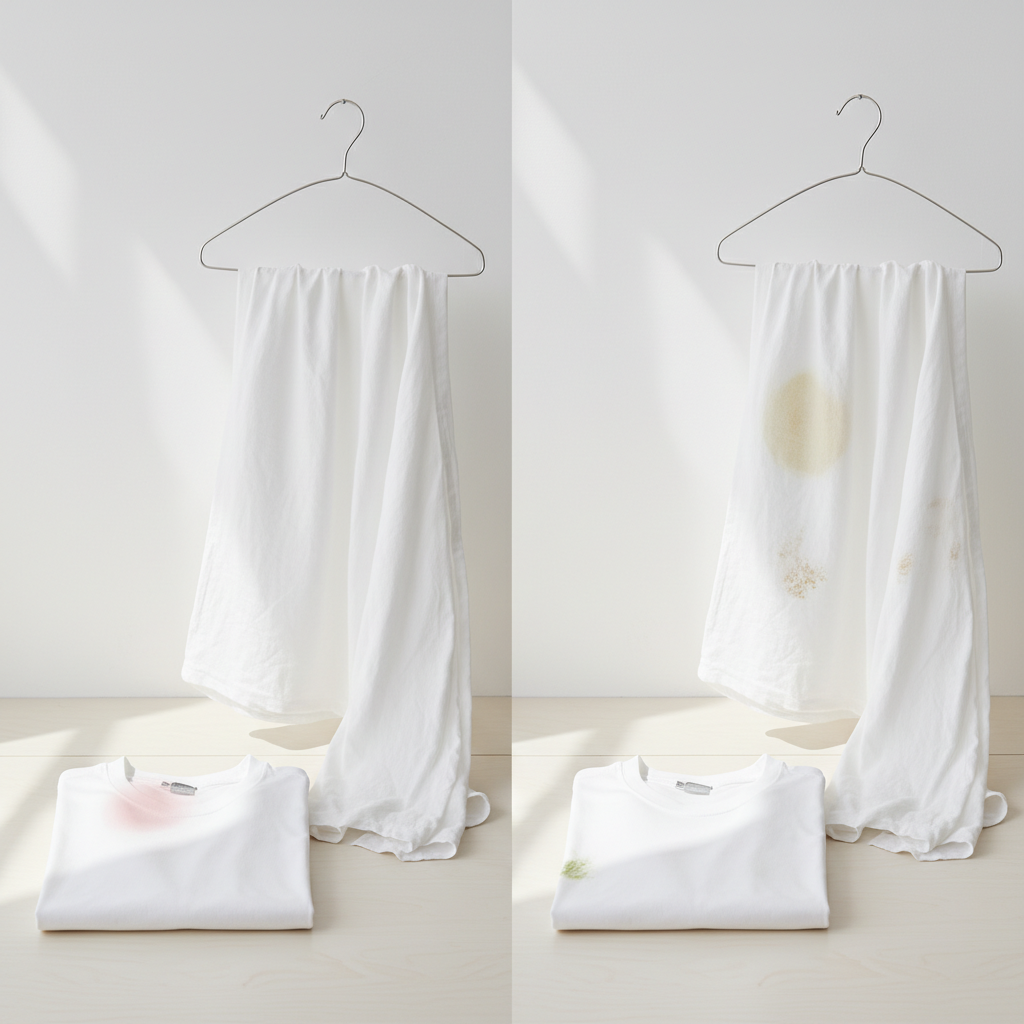 A visually appealing composition showcasing the transformation of white laundry. On one side, a pristine, perfectly white cotton t-shirt or linen cloth hangs or is neatly folded, radiating freshness and purity. On the other side, the same type of white fabric is subtly depicted with a few distinct, light stains – perhaps a faint red wine splash, a small grass mark, and a yellowish sweat discoloration – highlighting the contrast between soiled and clean. The overall mood should be clean, crisp, and hopeful. Professional product photography style with soft, natural lighting and a minimalist, bright background.