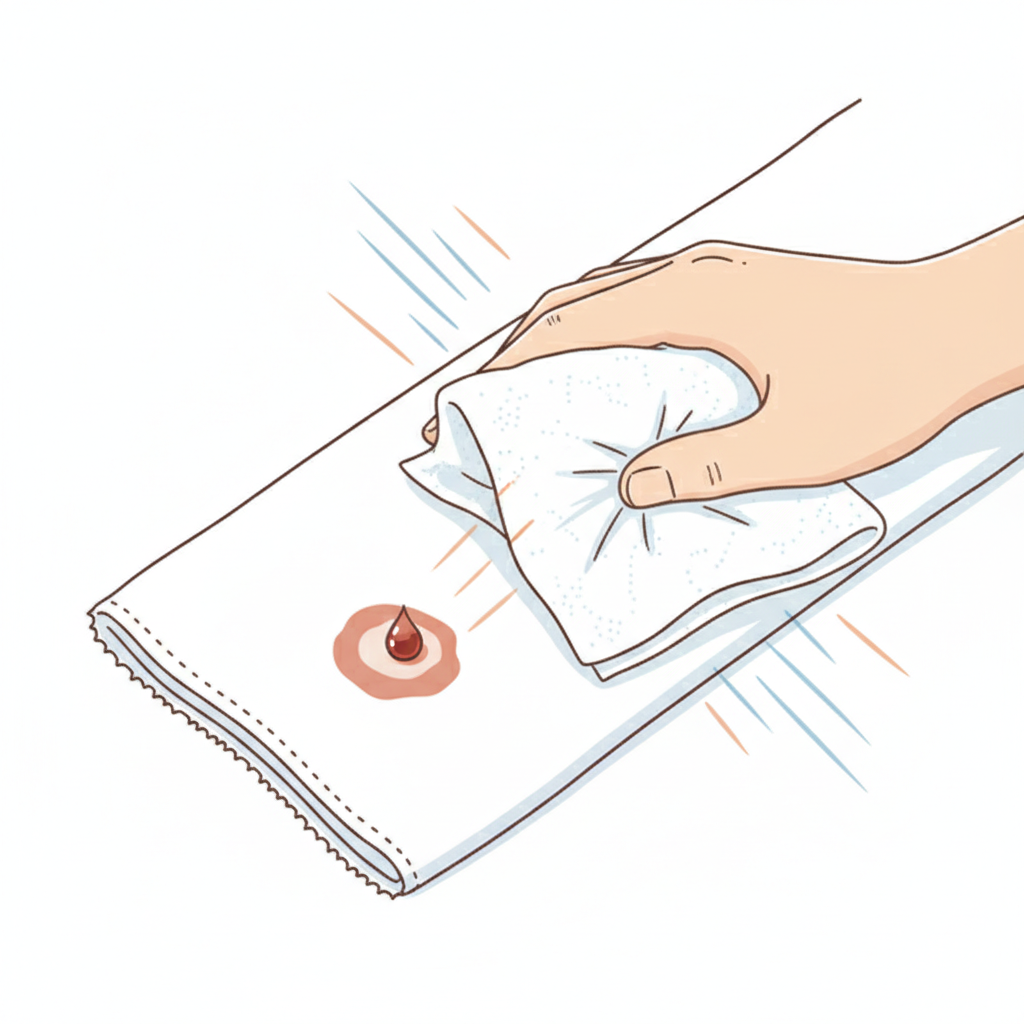 An infographic-style illustration depicting the immediate action needed for fresh stains. The scene focuses on a section of white fabric, like a shirt sleeve or a napkin. A small, freshly spilled liquid (e.g., a drop of red wine or coffee) is visible on the fabric. A hand swiftly yet gently approaches the spill, holding a clean, absorbent white cloth or paper towel, poised to dab the liquid. The illustration emphasizes the urgency and gentleness of the action, with an implied movement to prevent the stain from setting. Clean lines, soft, contrasting colors, and a bright, uncluttered background.