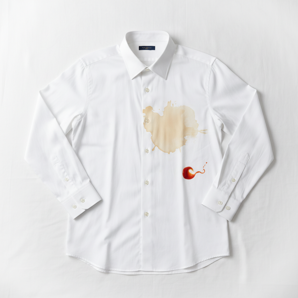 A professional, high-key product photo showcasing a crisp, elegantly draped white dress shirt. On one side, the shirt appears pristine and flawless, radiating professionalism. On the other side, or subtly integrated into the same composition, the white fabric is marked by several common, distinct stains: a light brown coffee splash, a subtle yellowish underarm sweat stain, and a small red sauce splatter. The contrast should be stark, emphasizing the vulnerability of white textiles to everyday mishaps. The background is clean and minimalist, allowing the shirt and its imperfections to be the focal point.
