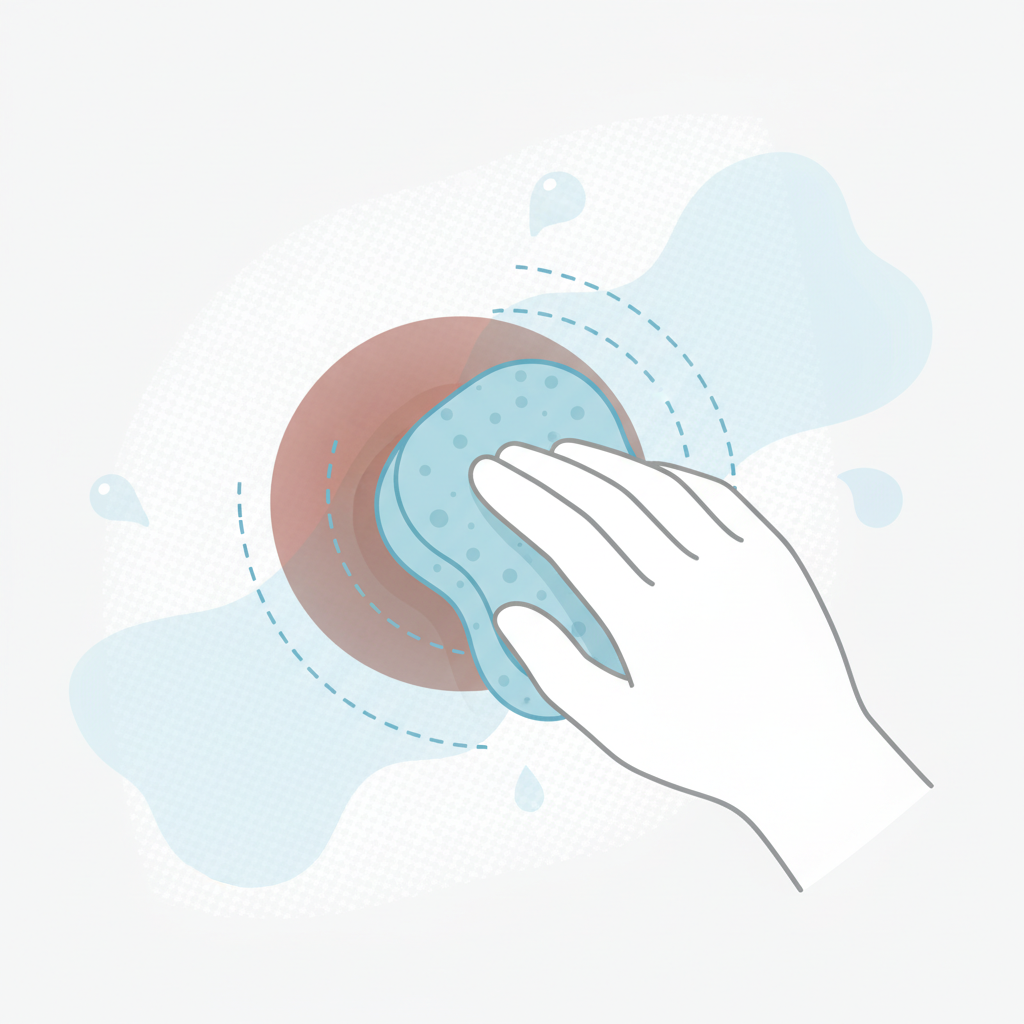 An engaging flat illustration in a clean, infographic style, depicting the fundamental principles of stain removal on white fabric. The central element is a magnified section of white shirt fabric, subtly textured. A stylized hand or a soft, absorbent material (like a sponge or paper towel) is gently dabbing at a small, circular stain (e.g., a brownish-red blob) on the fabric, clearly illustrating the motion of working from the outside edge towards the center. Subtle light blue droplets or a cool mist around the stain could suggest the use of cold water. The overall aesthetic is clean, educational, and visually emphasizes gentle, precise action without any specific cleaning products.
