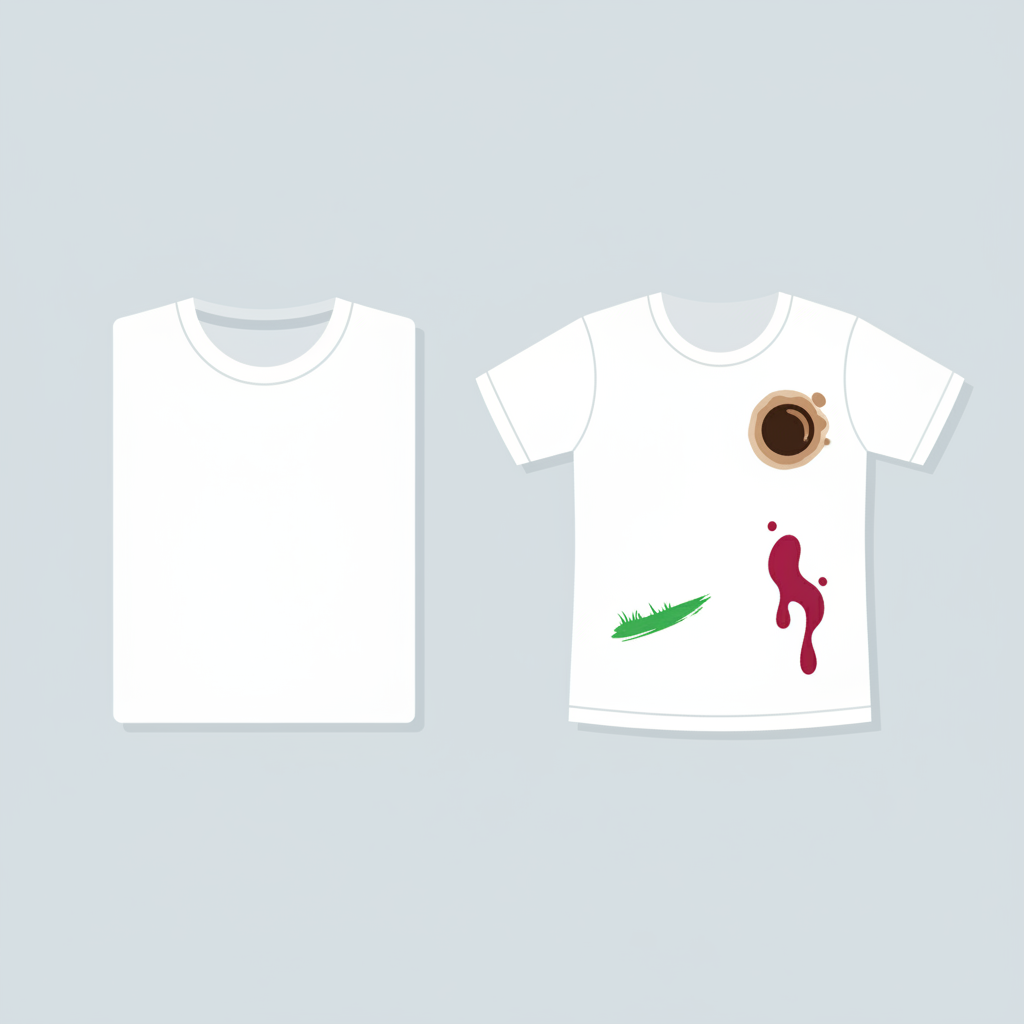 A clean, crisp white t-shirt lies perfectly folded on one side, radiating pristine freshness. On the other side, the same white t-shirt is spread out, visibly marked by several distinct, common stains: a dark brown coffee ring, a vibrant green grass smear, and a deep red wine splash. The scene highlights the stark contrast between the desired immaculate state and the common challenges of keeping white garments spotless. Flat illustration with clean lines, a modern aesthetic, and vibrant, yet not overly realistic, stain colors against bright white fabric.