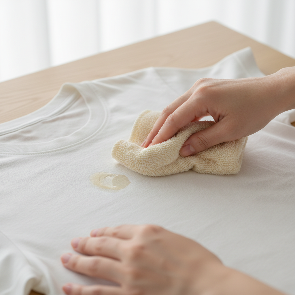 A close-up, slightly elevated shot of a person's hands gently dabbing a small, fresh liquid stain on a white t-shirt with a clean, light-colored cloth. The stain appears slightly damp and localized, not spread out. A subtle, out-of-focus background shows a clean, light surface, suggesting a practical, at-home setting. The focus is on the delicate, non-abrasive blotting motion, emphasizing the 'do not rub, but dab' technique. Professional, bright studio photo with a shallow depth of field and soft, natural lighting.