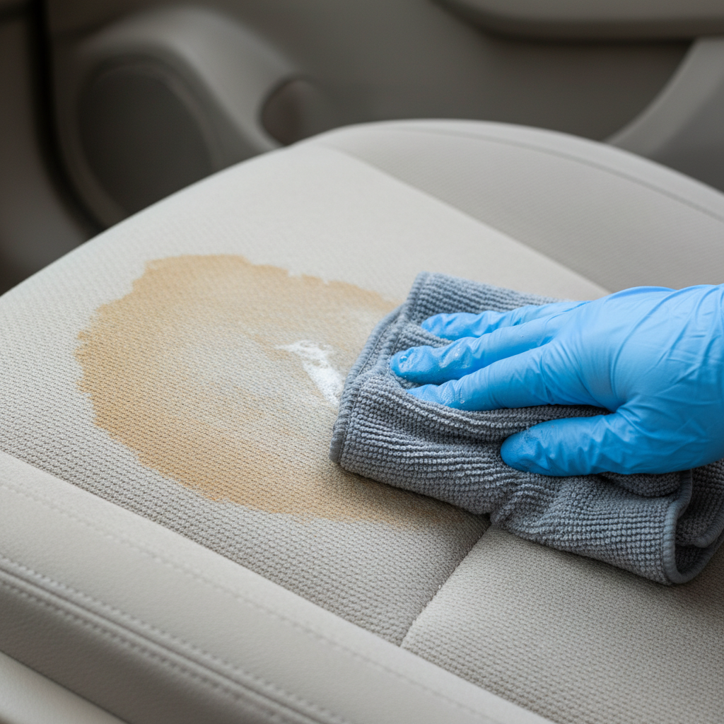 A professional, well-lit photo capturing a detailed close-up of a car seat. The image is conceptually divided: one side prominently features a dried coffee stain on the fabric upholstery, looking dull and dirty. The other side, seamlessly transitioning, showcases the same car seat material as pristine, clean, and vibrant. A gloved hand gently wipes the transitional area with a microfibre cloth, implying the cleaning process. The overall mood is one of restoration and effectiveness, emphasizing realistic fabric texture and natural lighting.