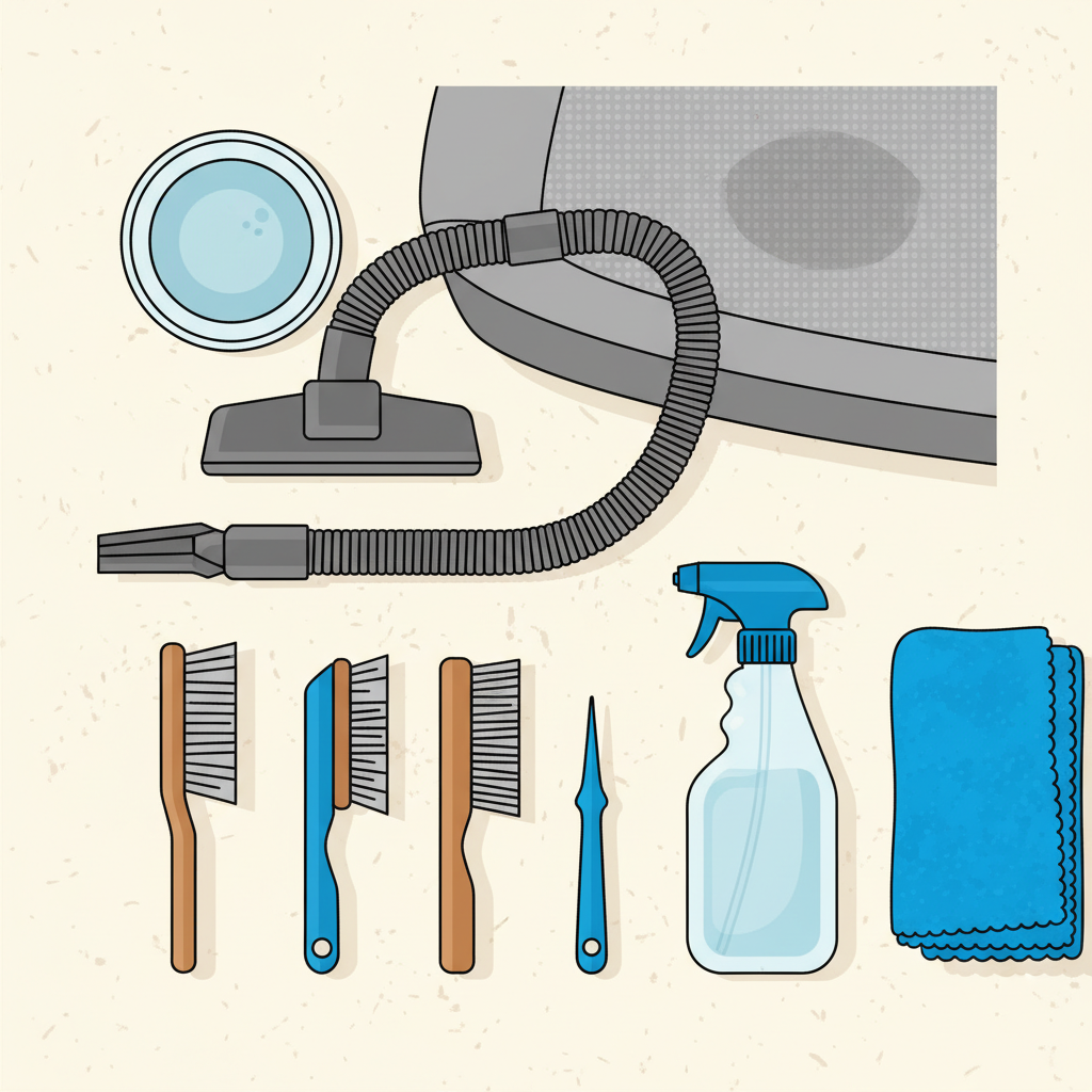 A vibrant, flat illustration depicting an organized array of car seat cleaning essentials laid out on a light, neutral surface. Elements include a vacuum cleaner hose attachment, various brushes suitable for upholstery, a generic spray bottle, a soft microfibre cloth, and a small container of water. In the background, a small, clean section of a car seat fabric is subtly visible, with a tiny, barely noticeable patch moistened, indicating a test spot. The style should be clean, modern, and inviting, emphasizing readiness for the cleaning task.