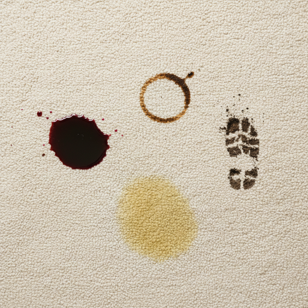 A detailed, top-down view of a light-colored, textured carpet section. Several distinct, fresh-looking stains are visible across the surface: a spilled red wine puddle, a dark coffee ring, a small muddy footprint, and a pet urine stain. Each stain should be clearly identifiable without being overly graphic, creating a visual representation of common household accidents. The overall impression should be realistic and slightly frustrating. The style should be a professional, high-resolution photo with excellent depth of field, suitable for highlighting details on the carpet fibers and the liquid nature of the spills.