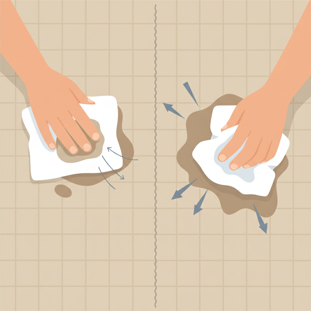 A close-up, dynamic flat illustration depicting the 'dabbing versus rubbing' technique for stain removal on a beige carpet. On the left side, a hand gently dabs a fresh, circular liquid stain with a clean white cloth, showing the liquid being absorbed upwards. On the right side, a hand vigorously rubs a similar stain, pushing the liquid downwards and spreading it outwards into the carpet fibers. A subtle visual cue or a divided composition emphasizes the contrast between the correct and incorrect methods. The style should be a clean, modern flat illustration with a slightly exaggerated motion to clearly differentiate the actions.
