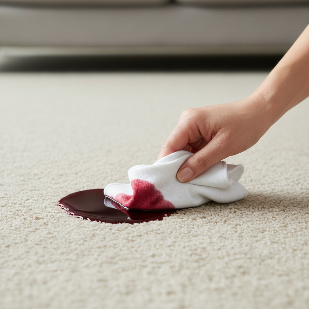 A close-up, high-angle professional photo shows a quick reaction to a fresh spill on a light beige carpet. A clean, white microfibre cloth is gently dabbing at a dark red liquid (like red wine) that has just spilled, with minimal spreading. The focus is on the action of blotting, showing the liquid being absorbed into the cloth without rubbing. The carpet fibers are visible, suggesting texture and depth. The background is softly blurred to keep attention on the hand and the stain removal process, emphasizing immediate action.