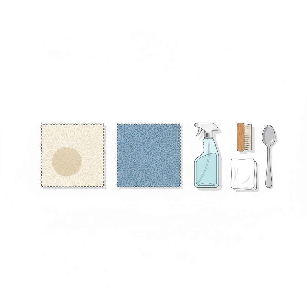 A clean, minimalist flat lay illustration showcasing the preparation steps for carpet cleaning. A small selection of diverse carpet texture swatches (e.g., shaggy, short pile, loop pile) is neatly arranged, suggesting different materials. Beside them are various generic, unbranded cleaning tools: a spray bottle, a soft brush, a clean white cloth, and a blunt spoon. A tiny, isolated spot on one of the carpet swatches subtly indicates a test area for a cleaning solution. The overall composition is bright and organized, conveying clarity and methodical preparation.