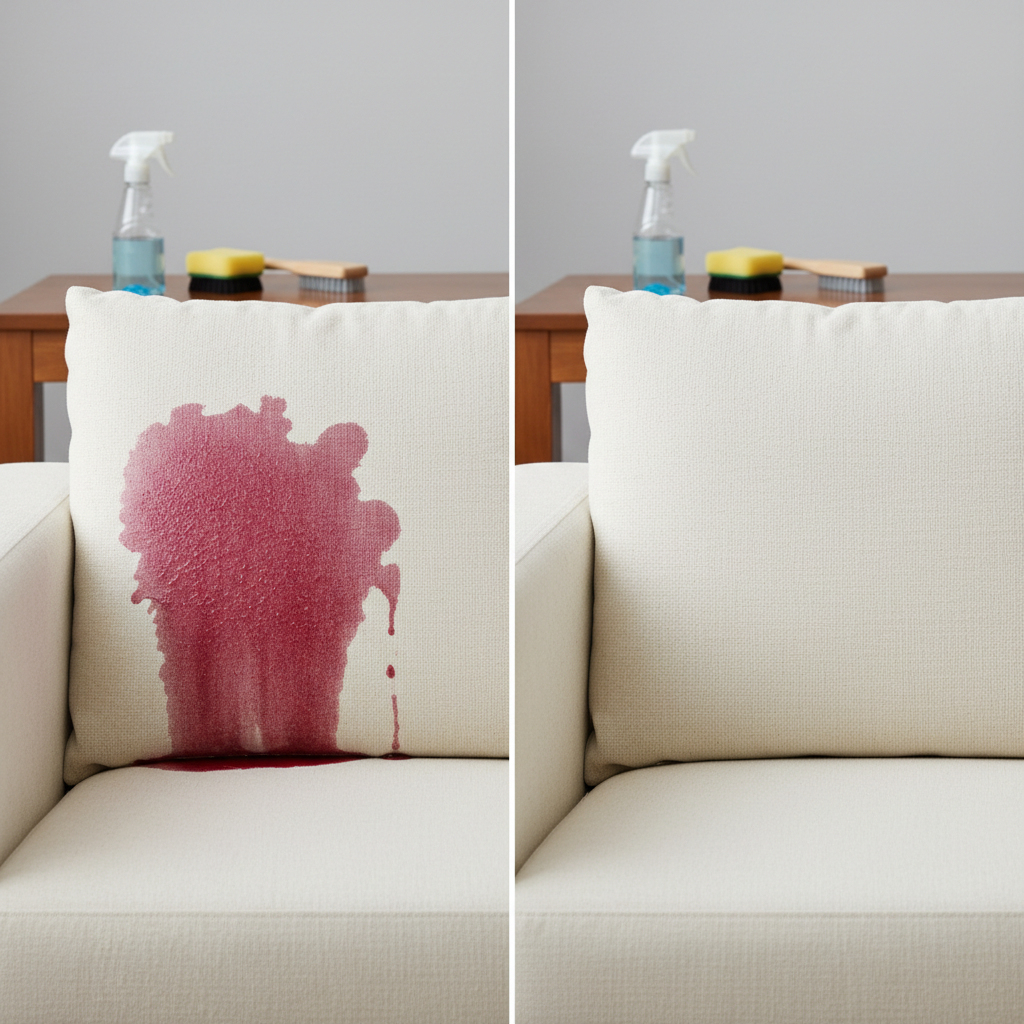 A split image or visual contrast. On one side, a prominent, dark red wine stain clearly visible on a plush, light-colored sofa cushion, conveying frustration. On the other side, the exact same sofa cushion appears perfectly clean and pristine, emphasizing a successful outcome. In the background, out of focus, a collection of generic cleaning tools like a spray bottle, a sponge, and a small brush are subtly arranged, hinting at the solution. The overall style should be a professional, brightly lit studio photograph, focusing on clarity and problem-solving.