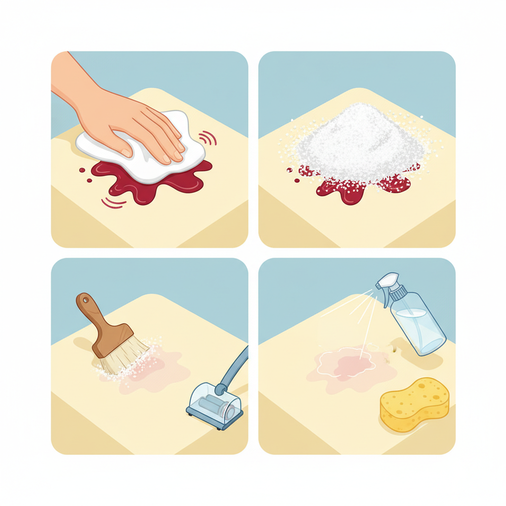 An infographic-style illustration depicting a four-step process for removing a red wine stain from a fabric surface. Panel 1 shows a hand gently dabbing a fresh red wine spill with a clean white cloth. Panel 2 illustrates the stained area generously covered with white granules, like salt or baking soda. Panel 3 displays a small brush or a miniature vacuum removing the dried white powder. Panel 4 features a clear bottle dispensing liquid onto the faint remaining stain, with a clean sponge nearby. The background should be simple and clean, using a flat illustration style with clear icons and a warm, inviting color palette.