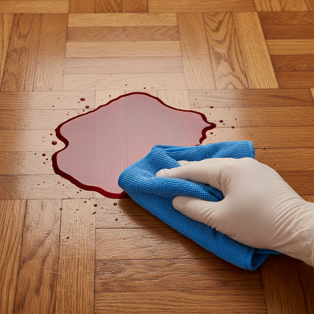 A professional, close-up photo of a pristine parquet floor with a prominent, freshly spilled red wine stain. A gentle, gloved hand is carefully wiping away a portion of the stain with a soft, generic microfiber cloth, revealing the clean, polished wood underneath. The scene should convey a sense of effective, careful cleaning, with a clear visual contrast between the dark red stain and the warm, clean wooden surface. Emphasize the natural wood grain and the gentle action, without showing any specific brand products.