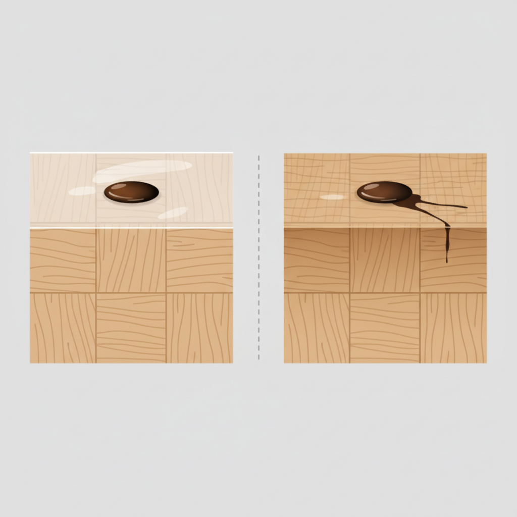 An infographic-style illustration depicting a conceptual cross-section of two different parquet floor types side-by-side. On the left, a 'sealed' parquet section with a clear, thin protective layer on top of the wood, showing a small liquid spill (e.g., coffee droplet) resting visibly on the surface of this layer. On the right, an 'oiled' parquet section where the oil has penetrated visibly into the wood fibers, and a similar liquid spill is shown slightly absorbed into the upper pores of the wood. Use distinct visual cues to differentiate the sealed layer and the oiled wood structure.